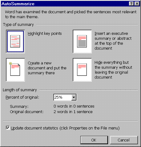 Microsoft Word's Autosummarise - Shamelessly screengrabbed by wOnKo